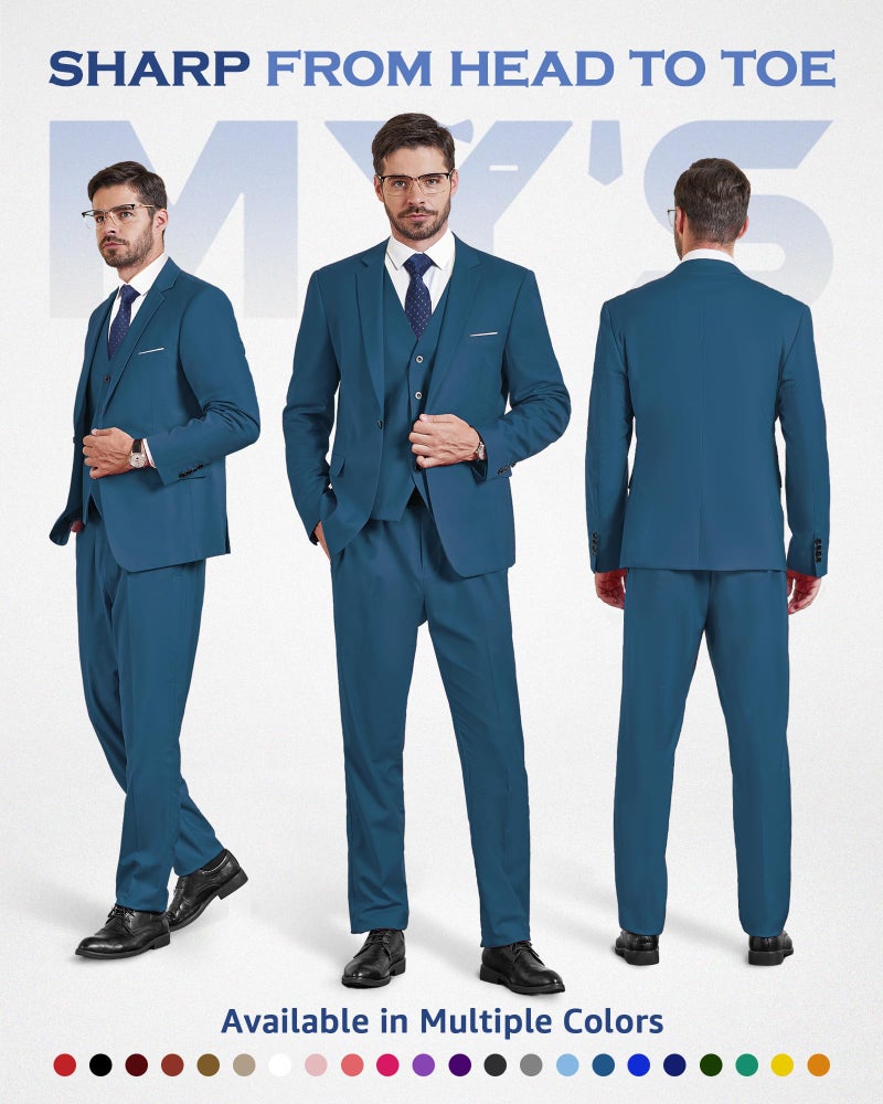 MYS MY'S Men's 3 Piece Suit Set with Tie, One Button Slim Fit Solid Jacket Vest Pants, Prom Party Wedding Business Suits for Men, Light Blue Large - Image 2